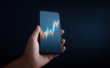 Business hand holding smartphone showing financial trading graph screen with hopeful expression for economic growth and analyzing stock market investment chart on dark background concept
