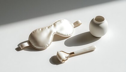 Silk sleeping eye mask, gua sha and face roller, and small vase for beauty routine, self-care, or a spa salon.