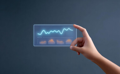 Person holding futuristic transparent device displaying financial data chart analysis with hopeful emotional expression for successful investment growth on dark blue background