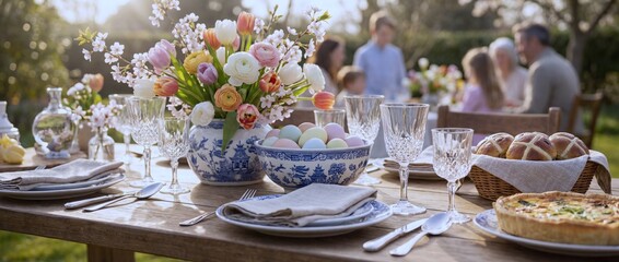 Gathering at a garden table with flowers and food for celebration
