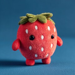Cute red strawberry plush toy character on blue background