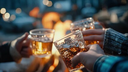 Two people raise chilled drinks near a campfire during an outdoor gathering in cool evening air