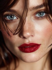Woman with blue eyes and red lipstick cosmetics