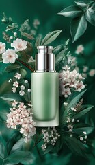 Green skincare bottle surrounded by natural white flowers and leaves