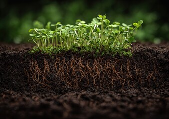 Fototapeta premium Young plants growing with visible roots in rich soil