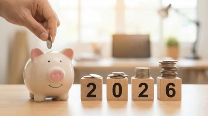 The inscription "2026" on wooden cubes with coins and a piggy bank, the concept of the growth and decline of income and expenses in the new year 2026