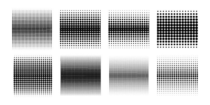 Set of square shapes with noise, pixel, halftone or grain texture isolated on white background. Quadrangular forms with polka dot pattern. Vector graphic illustration.