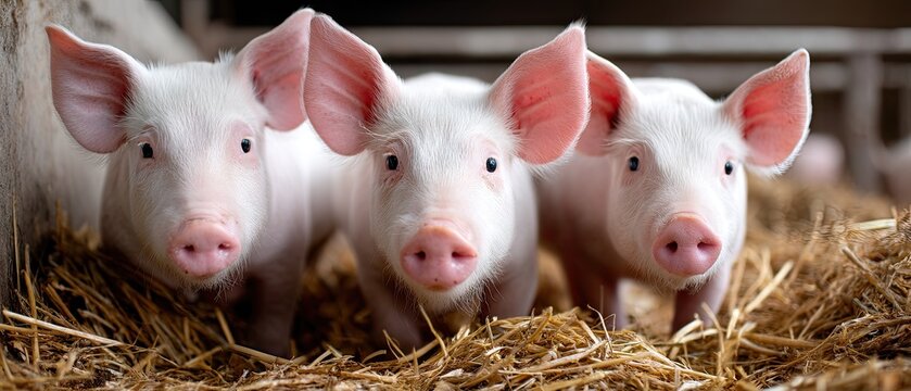 Three young pigs standing together in a farm setting surrounded by straw in the afternoon light showcasing their playful nature