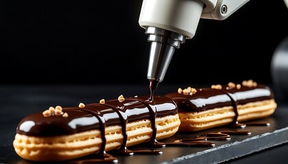 Professional pastry chef decorating eclair with chocolate icing from piping bag. Delicious dessert preparation, gourmet food concept.
