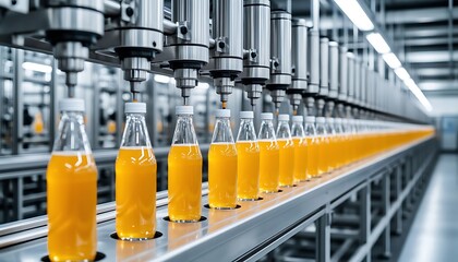 Drink bottles on conveyor belt. Automated beverage production line. Industrial food factory filling orange juice into glass bottle.