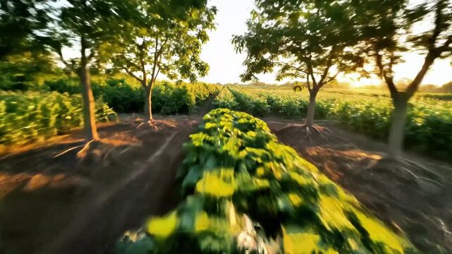 Low-angle view of a farm field with rows of crops, trees, and sunlight