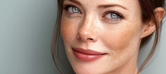Close-up of a radiant woman with freckles and a calm expression against a soft pastel backdrop.