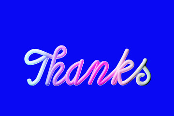 "Thanks" hand lettering with rainbow colors and balloon shape on blue background. Image 3D rendering.