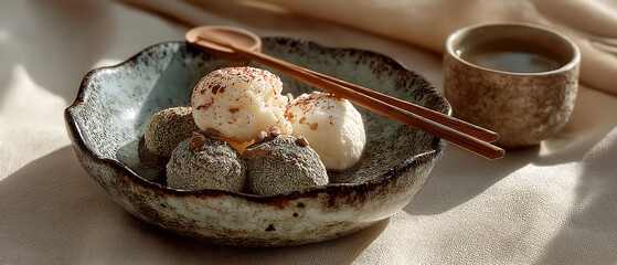 Fototapeta premium Minimalistic vegan plate styling with earthy tones and elegant shadows