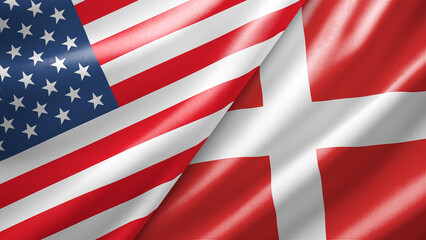 United States USA and Denmark two national flags filling the entire frame, close-up view, edge-to-edge composition
