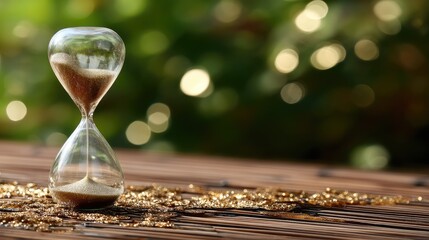 Elegant hourglass filled with golden sand placed on a wooden surface surrounded by sparkling bokeh in a natural setting