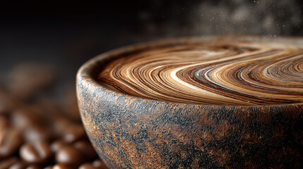 Close-up of hot coffee with swirling foam, soft shadows, warm tones for World Coffee Day celebration