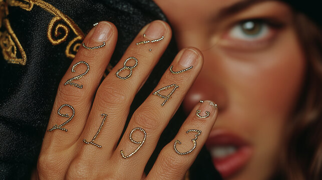 Woman&rsquo;s Hands with Numerology Rings, Mystic Numbers Jewelry
