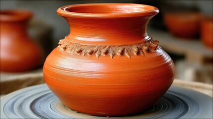 Artistic clay pot being shaped on a pottery wheel in a studio, showcasing traditional craftsmanship and vibrant color details