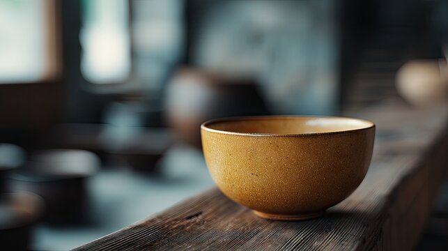 Ceramic bowl rests on wooden shelf in rustic workshop filled with pottery and creative tools during daylight hours - Powered by Adobe