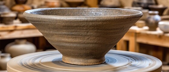 Expert potter shaping a wide bowl on the pottery wheel in a rustic studio filled with various ceramic pieces and tools during daylight