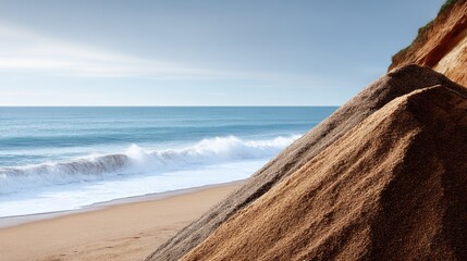 Scenic view of a sandy beach with gentle waves and a sunlit sky near a cliff in a coastal location during the afternoon