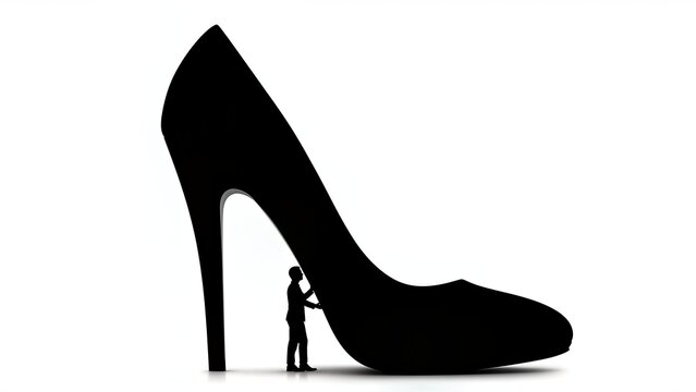 Silhouette of a small man polishing a giant high heel shoe, symbolizing a henpecked relationship dynamic, showcasing dominance and submission in a creative visual metaphor