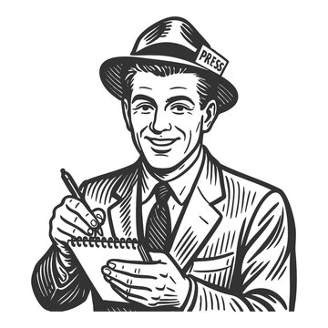 smiling male journalist wearing a press hat and suit, writing in a notepad with a pen sketch engraving generative ai fictional character raster illustration. Scratch board imitation. Black and white.