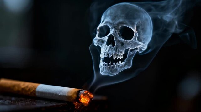 Burning cigarette ember emits skull shaped smoke over dark background, smoldering ember sends skull shaped smoke rising, conveying danger, ash, smoke