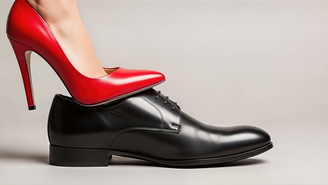 Dominant woman in red high heels stands on submissive man's black dress shoe, symbolizing power dynamics in relationships, showcasing contrasting footwear styles and gender roles