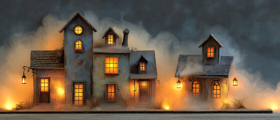 Spooky Halloween haunted house with lantern lights, mist, eerie silhouettes, and horror vibes