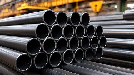 Close-up view of stacked black steel pipes in a manufacturing facility showcasing industrial organization and material strength