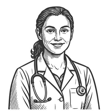 cheerful female doctor in lab coat with stethoscope, ideal for healthcare, medical, or wellness topics sketch engraving generative ai raster illustration. Scratch board. Black and white image.