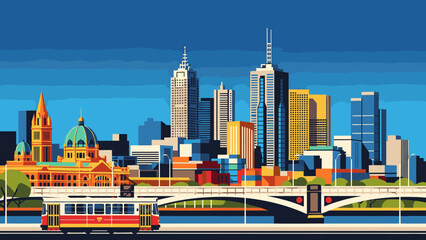 Obraz premium Stylized illustration of melbourne city skyline with iconic tram and historic buildings, vibrant blue sky