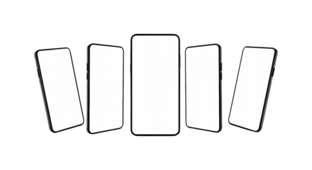 Five modern smartphone displays isolated on transparent background