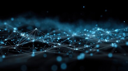Digital data network with glowing blue plexus points and connections.