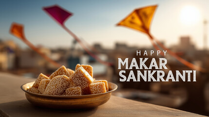 Sesame sweets on table with festival kites.