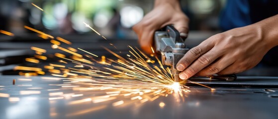 Metalworker uses cutting tool to shape steel, creating bright sparks in a busy workshop environment during daylight hours
