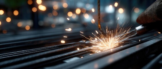 Welding sparks fly during a steel reinforcement process at a construction site in the evening, showcasing skilled craftsmanship and industrial precision
