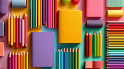 Vibrant back-to-school desk setup with colorful stationery, pencils, notebooks, soft shadows, and educational vibes