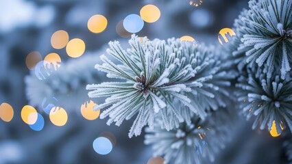 Closeup of a frosted pine branch with ice crystals and snow, illuminated by warm and cool bokeh lights in the background, creating a festive winter and christmas atmosphere