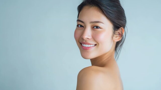 Young woman portrait smile bare shoulder clear skin skincare radiant complexion natural beauty glowing skin soft lighting studio portrait
