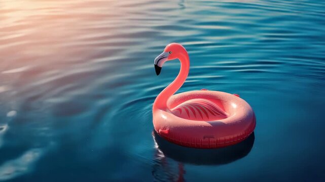 Inflatable flamingo float in water under sunset light