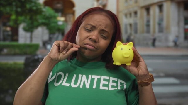Woman wearing volunteer shirt pinches fingers small while holding yellow piggybank on city street; thrift.