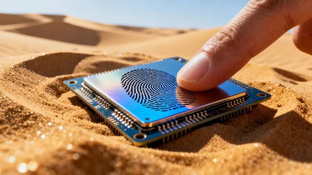 Fingerprint sensor chip circuit board fingertip touch desert sand reflecting warm sunlight, microchip biometric pattern revealing mysterious emotion