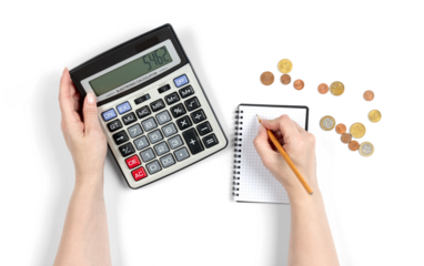 Female hands counting euro coins with calculator and notepad, concept of money calculation, household budget planning and accounting, isolated object on transparent background, PNG.