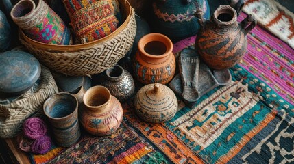 Close-up flat lay of colorful ethnic textiles and handcrafted pottery pieces