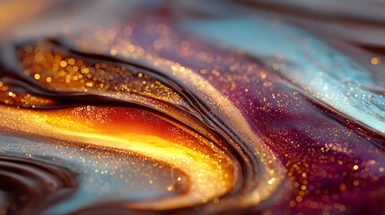 Close-up of melting chocolate swirl, shiny texture, warm tones, luxurious dessert