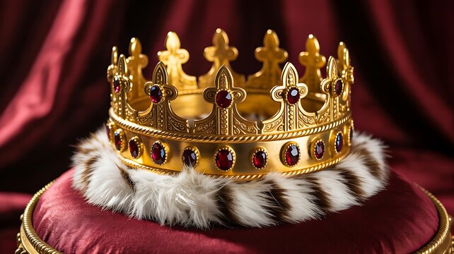 Golden royal crown with red jewels on velvet fabric in luxurious classic setting
