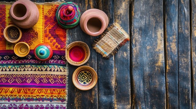 Colorful handmade ethnic textiles and pottery arranged on wooden surface - Powered by Adobe